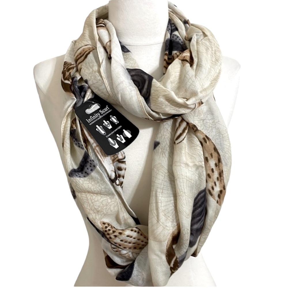 New Seashell Print Infinity Scarf Tan with Gray, Brown Shades Minimalist Coastal - Picture 1 of 7